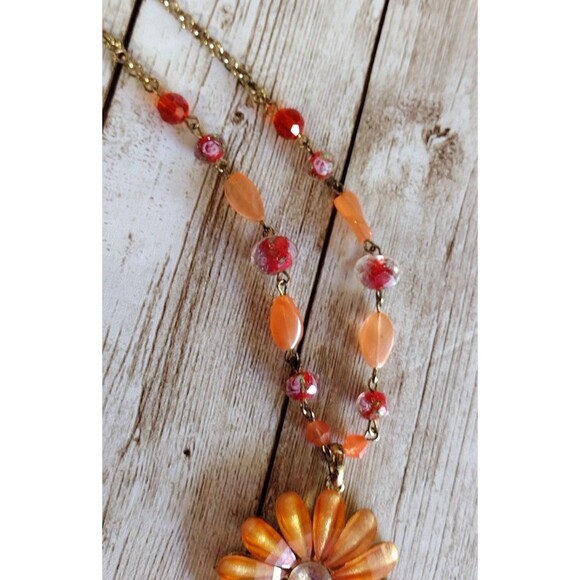 VTG Daisy Necklace Pendant Faceted Beads Rhinestone Estate Orange Red Gold Tone - Picture 3 of 7